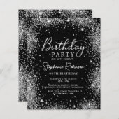 バジェットシルバーグリッターブラック80th誕生日招待状 (正面/裏面)