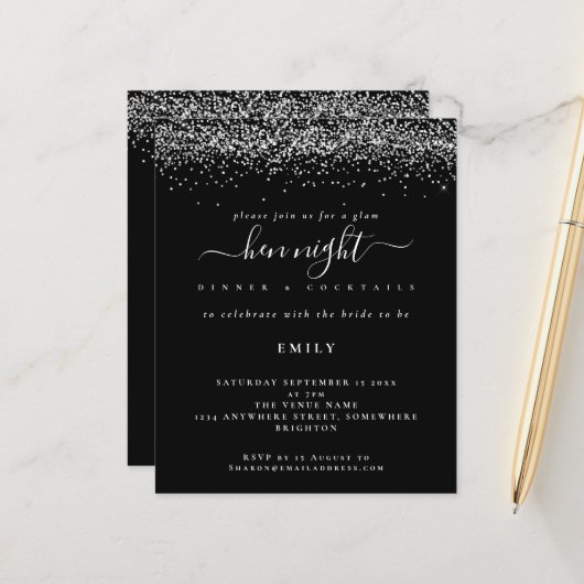 バジェットシルバーグリッターヘンナイトブラック招待状 (正面/裏面インサイチュ)