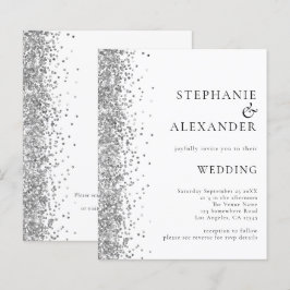 バジェットシルバーグリッターホワイト結婚式招待状