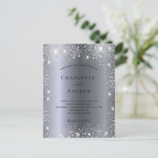 バジェットシルバーグリッターメタルエレガントな結婚式 インビテーションポストカード (スタンド正面)