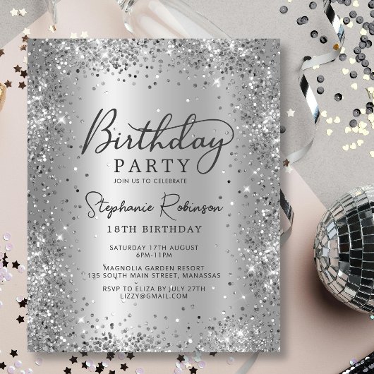 バジェットシルバーグリッターメタル18th誕生日招待状