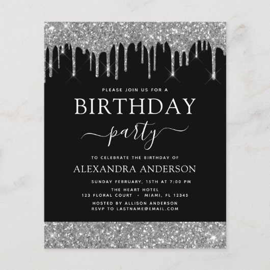 バジェットシルバーブラックグリッター任意の年齢誕生日 チラシ (正面)