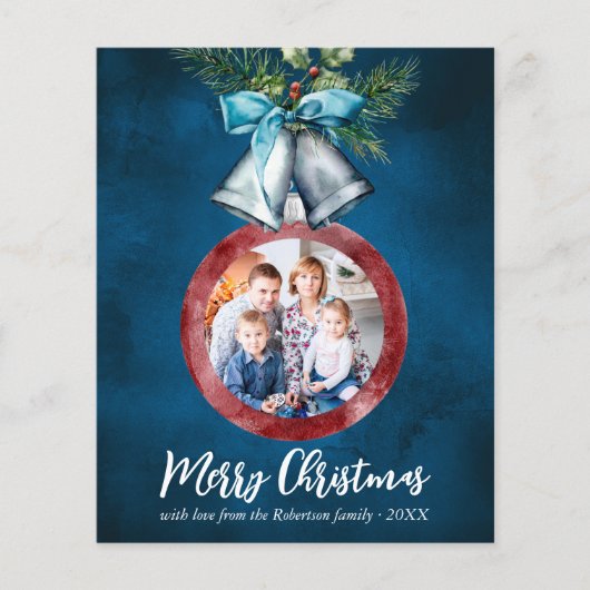 バジェットシルバーベルネイビーブルークリスマスフォトカード (正面)