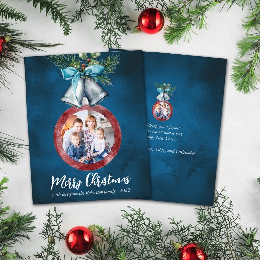 バジェットシルバーベルネイビーブルークリスマスフォトカード