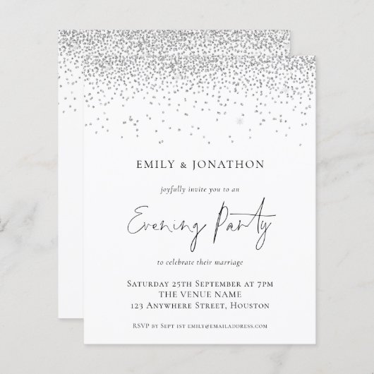 バジェットシルバー結婚グリッターの夕べパーティー招待状 (正面/裏面)