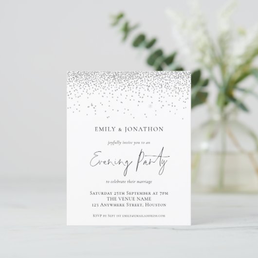 バジェットシルバー結婚グリッターの夕べパーティー招待状 (スタンド正面)