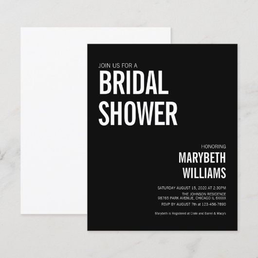 バジェットシンプルタイポグラフィブライダルシャワー招待 (正面/裏面)