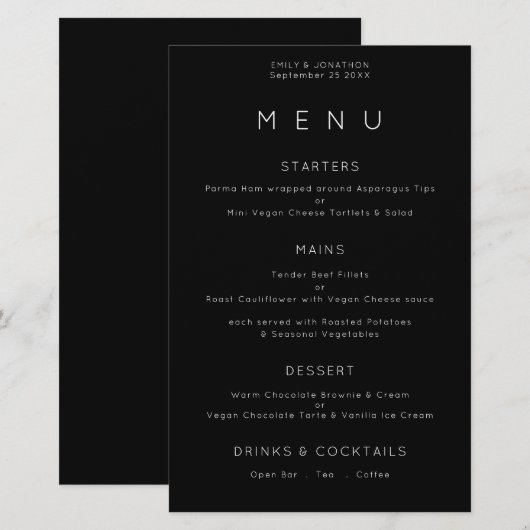 バジェットシンプルタイポグラフィホワイトブラッ結婚クのメニュー (正面/裏面)