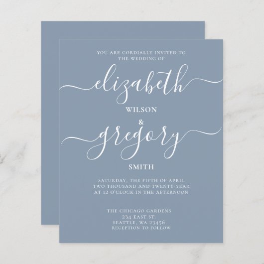 バジェットシンプルダスティブルーモダン結婚式招待状 (正面/裏面)
