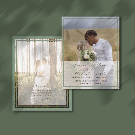 バジェットシンプルフォトセージ緑結婚式招待状