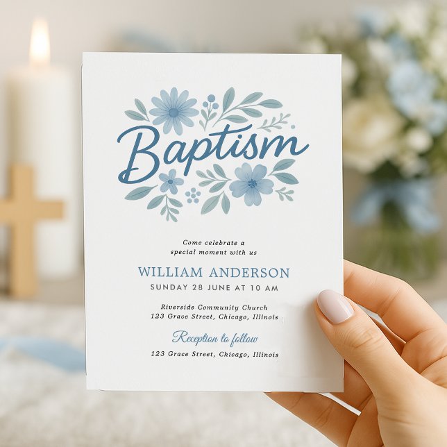 バジェットシンプルフローラバプテスマ招待状for Boy (Elegant budget  blue floral baptism invitation held near candlelight – perfect for boy christening)