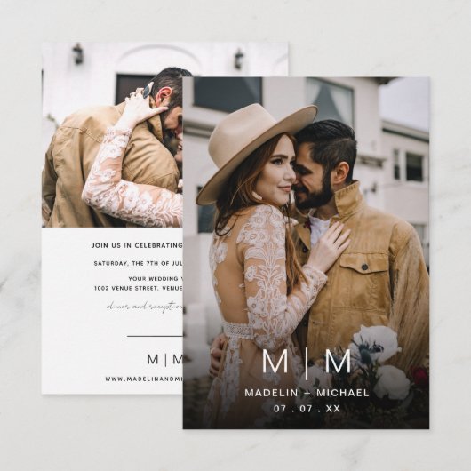 バジェットシンプルモノグラム結婚写真 招待状 (正面/裏面)