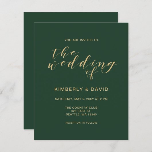 バジェットシンプル結婚式招待状グリーンと金ゴールド (正面/裏面)