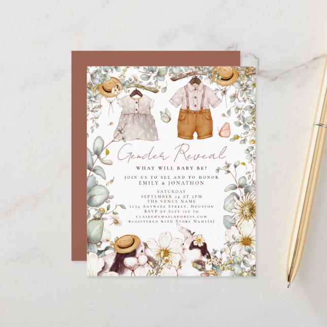 バジェットジェンダーリビールバニーベビーシャワー招待状 (正面/裏面インサイチュ)