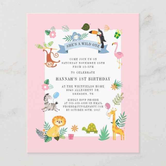バジェットジャングルアニマルズガール1st誕生日招待状 (正面)
