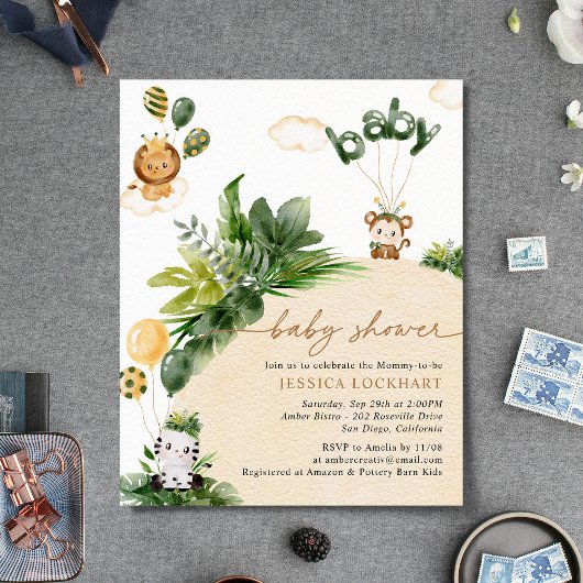 バジェットジャングルパーティーベビーシャワー招待状