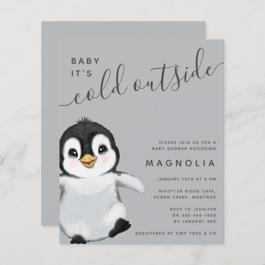 バジェットスイートペンギンベビーシャワー招待状 (正面/裏面)