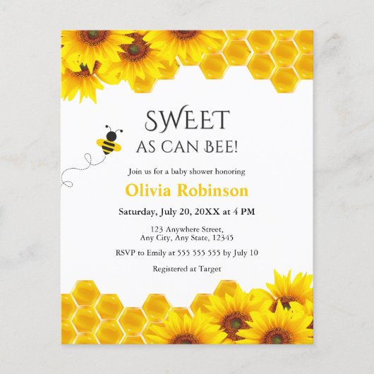バジェットスウィートエイズビーハニーベビーシャワー招待状 (正面)