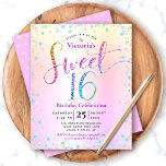 バジェットスウィート16レインボーグリッターグラデーション招待状<br><div class="desc">「Happy Sweet 16」。イベントが思い出す素晴らしためガーリーに、この、スパークモダンリー、カスタムフェスティバル、パーソナライズされた、パーティの招待状の予算を送信する。レインボーグリッタースクリプトタイポグラフィは、フェスティバルターコイズ、紫色のピンクと金ゴールド紙吹雪と共に、レインボー箔のメタリックグラデーション背景をオーバーレイ。金ゴールドグリッターのドットパターンは裏にラベンダーパープルの上にある。娘の名カスタム前と他のパーティー詳細で文字をパーソナライズする。グリッター素晴らしとグラムを愛しファッショニスタてモダン、彼女の特別なパーティーにおもしろいを追加することを保証した出芽のためのスタイリッシュ!マッチングプレート、ナプキン、その他の誕生日グッズもこのトレンディーと特別なコレクションで利用可能である。ちょうど誕生日の女の子の名前とパーティーの場所情報を入力し、あなたは簡単にこの誕生日の招待をパーソナライズすることができる。質問や要望があれば私に連絡して下さい。</div>