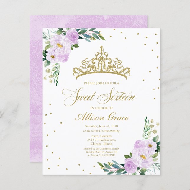 バジェットスウィート16招待状ティアララベンダーフローラ (正面/裏面)