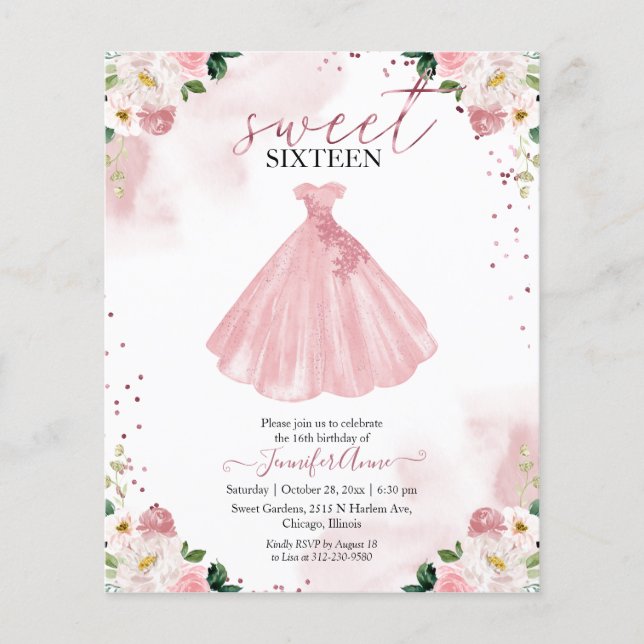 バジェットスウィート16招待状バラ金ゴールドフローラドレス (正面)