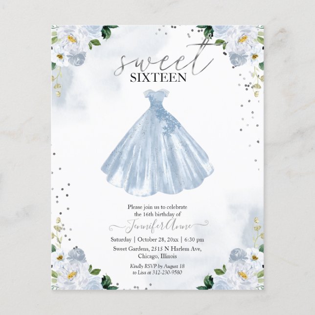 バジェットスウィート16招待状ブルーフローラドレス (正面)