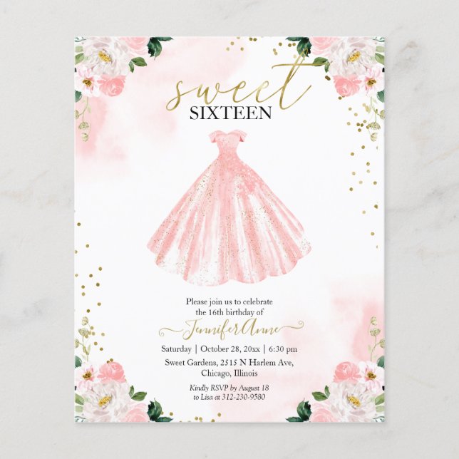 バジェットスウィート16赤面フローラピンクドレス招待状 (正面)