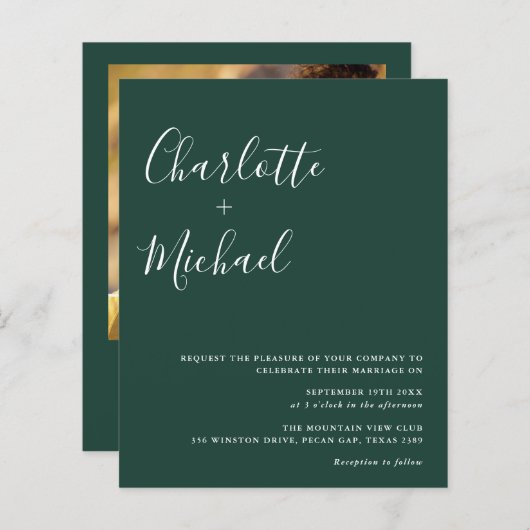 バジェットスクリプトエメラルドフォト結婚式招待状 (正面/裏面)