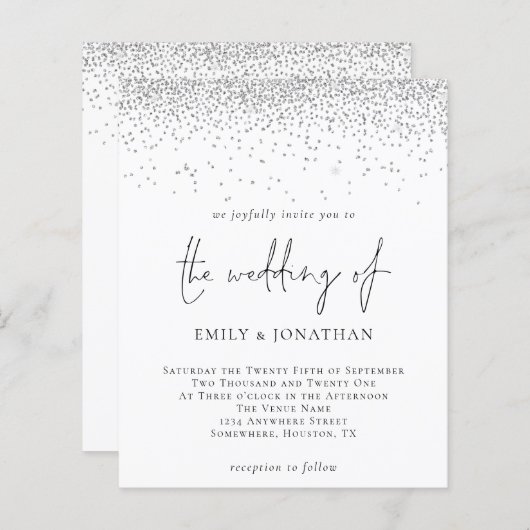 バジェットスクリプトシルバーグリッター結婚式招待状 (正面/裏面)