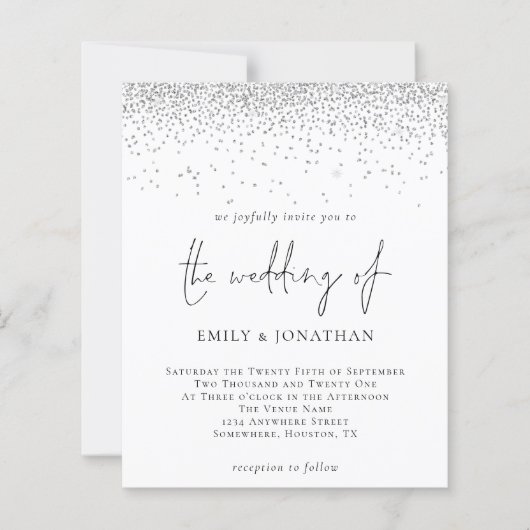 バジェットスクリプトシルバーグリッター結婚式招待状 (正面)