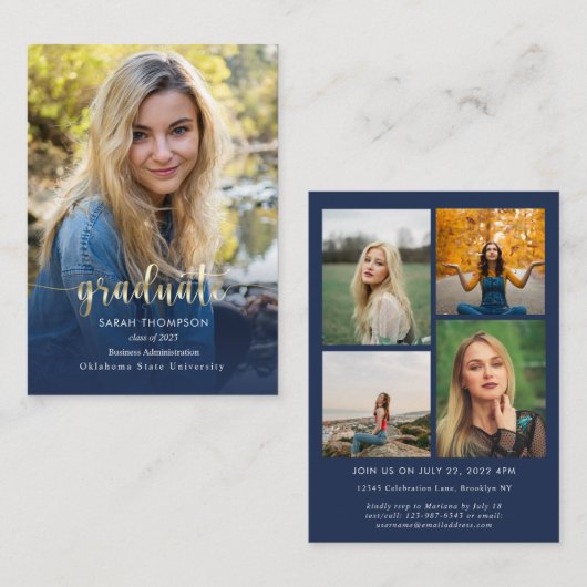 バジェットスクリプトネイビーブルーフォトコラージュ卒業 ノートカード (正面/裏面)