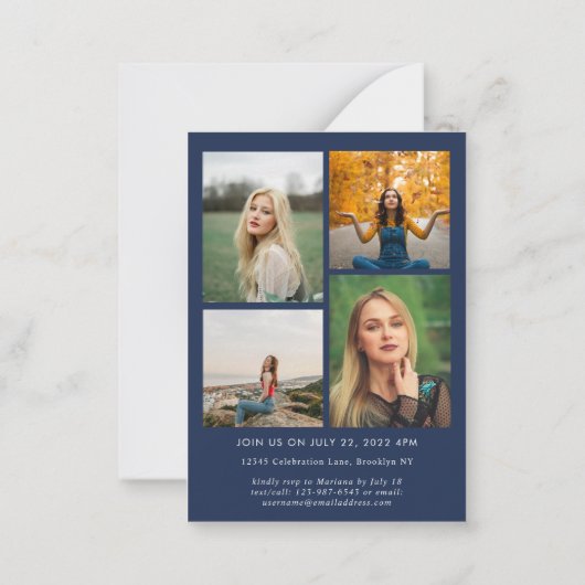 バジェットスクリプトネイビーブルーフォトコラージュ卒業 ノートカード (裏面)