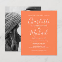 バジェットスクリプトフォトコーラル結婚式招待状