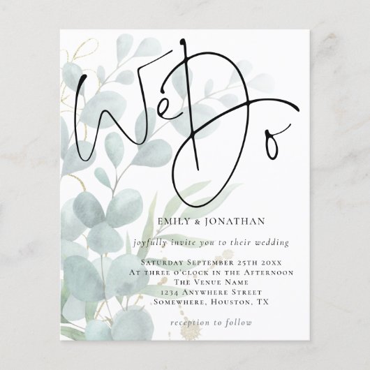 バジェットスクリプト我々ユーカリ結婚式招待状 (正面)