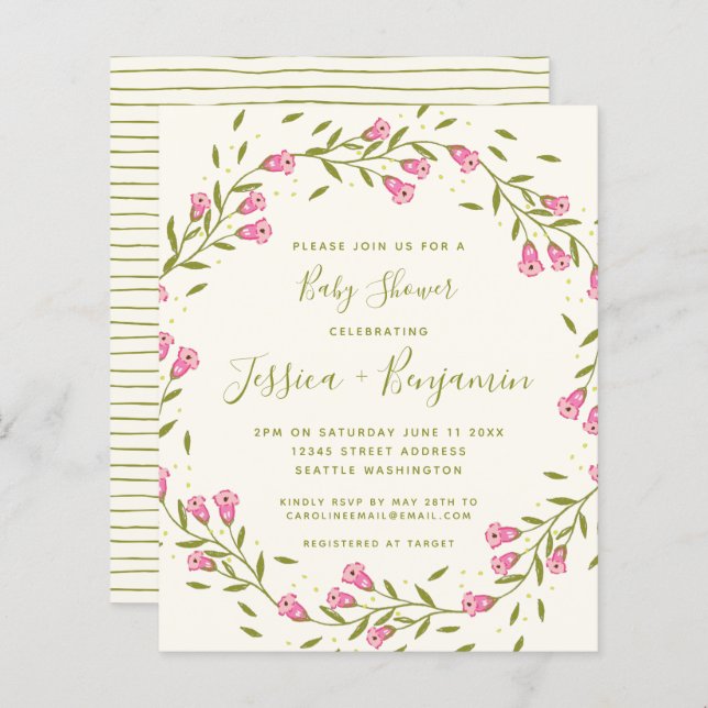 バジェットスタイリッシュピンクガーデンフラワーベビーシャワー (正面/裏面)