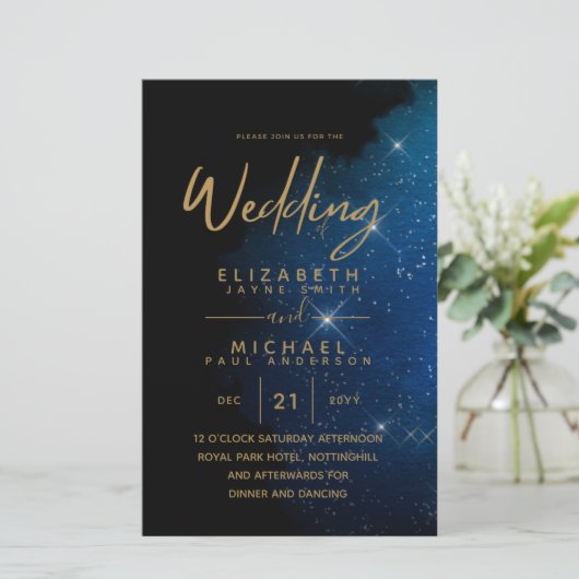 バジェットスターリーナイトネイビー金ゴールド結婚式招待状 (スタンド正面)