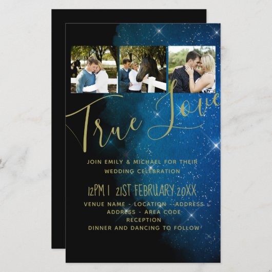 バジェットスターリーナイトネイビー金ゴールドA9結婚式の招待 (正面/裏面)