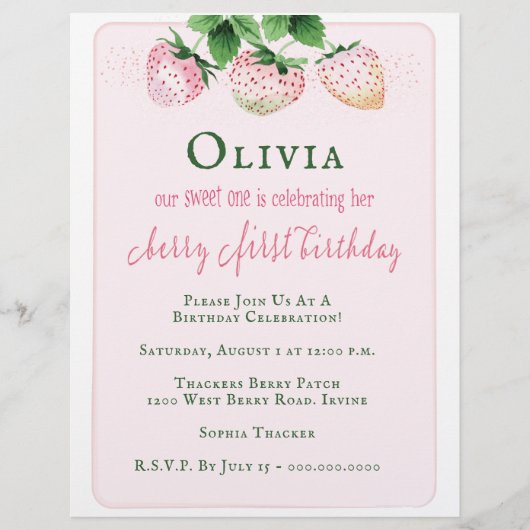バジェットストロベリー1st誕生日パーティの招待状 チラシ (正面)