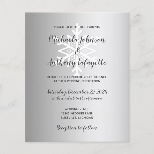 バジェットスノーフレークシルバーウィンターウェディング招待状 (正面)