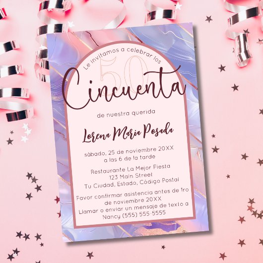 バジェットスペインのパープルピンクアゲート50誕生日 招待状