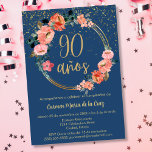 バジェットスペインのブルーエレガント90th誕生日パーティー 招待状<br><div class="desc">セレブラsu 90° cumpleanos con elegancia usando esta sofisticacada invitacion en azul y dorado en espainol.エル・ディセニョプレゼンタun fondo azul Egeo refinado, resaltadoo por un marcoフローラ円形のadrendornado con delicadas flores rosadas y acentos dorados.エンエルチェロ， "90 anos"エストアベラメンテ・プレゼンタドエンカリグラフィアドラダ，コンデステロス・ブリランテスcayendo desde arriba.Totalmente personalizable, esta invitacion esta disponible en formatos y digitales, facilitando su envio por mensaje de texto, correo...</div>