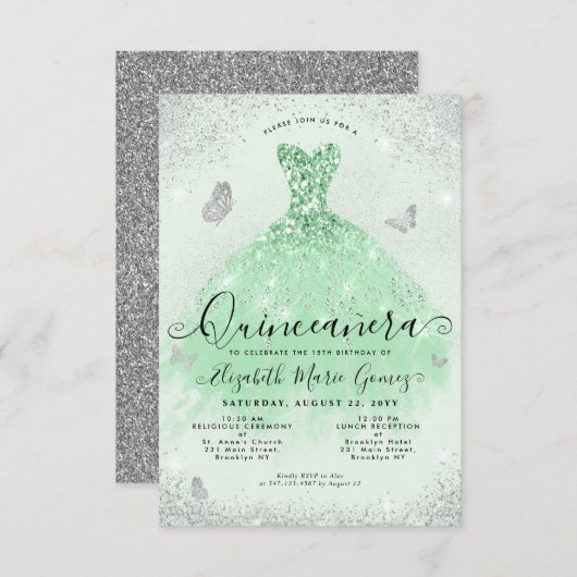 バジェットセージグリーンシルバーグリッターガウンキンセアニェラ ノートカード (正面/裏面)