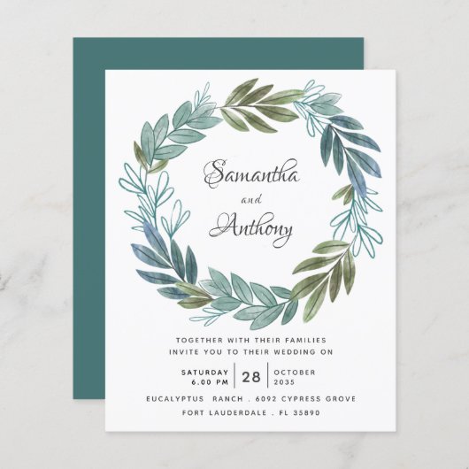 バジェットセージグリーンボタニカル結婚式招待状 (正面/裏面)