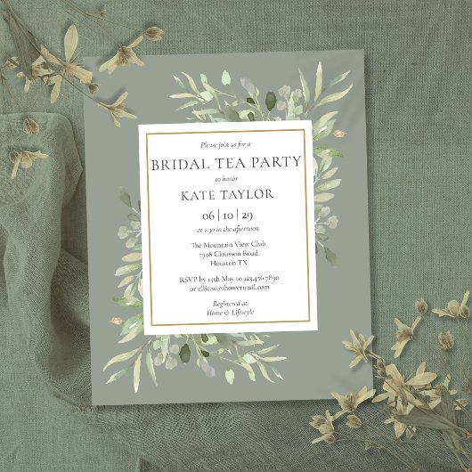 バジェットセージグリーンリーフブライダルティーパーティー招待状