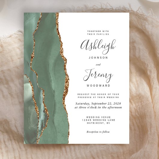 バジェットセージグリーン金ゴールドアゲート結婚式招待状