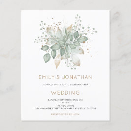 バジェットセージグリーン金ゴールドリーフ結婚式招待状