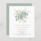 バジェットセージグリーン金ゴールドリーフ結婚式招待状 (正面/裏面)