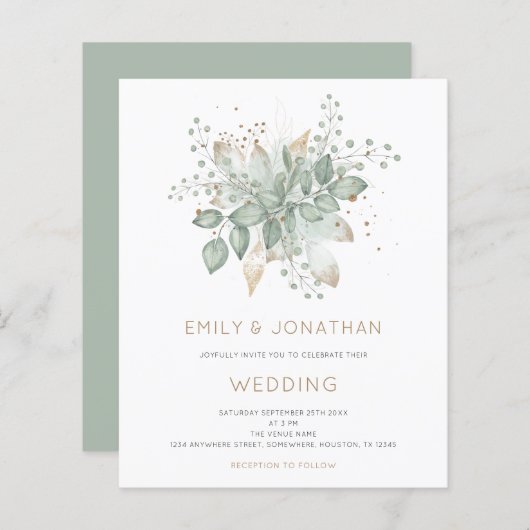 バジェットセージグリーン金ゴールドリーフ結婚式招待状 (正面/裏面)