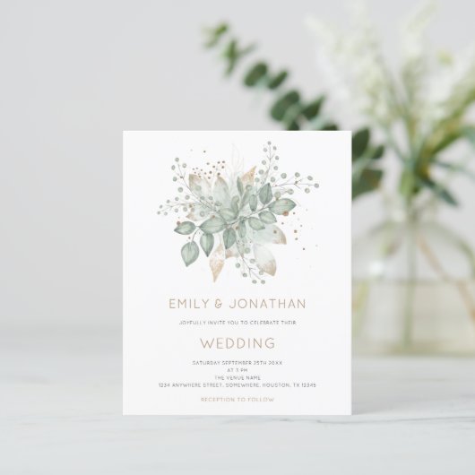 バジェットセージグリーン金ゴールドリーフ結婚式招待状 (スタンド正面)