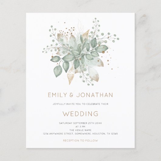 バジェットセージグリーン金ゴールドリーフ結婚式招待状 (正面)